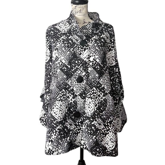 Ali Miles Womens Tunic Button-Up Top Black White Mosaic Jacket Lagenlook Size 3X - Picture 1 of 8